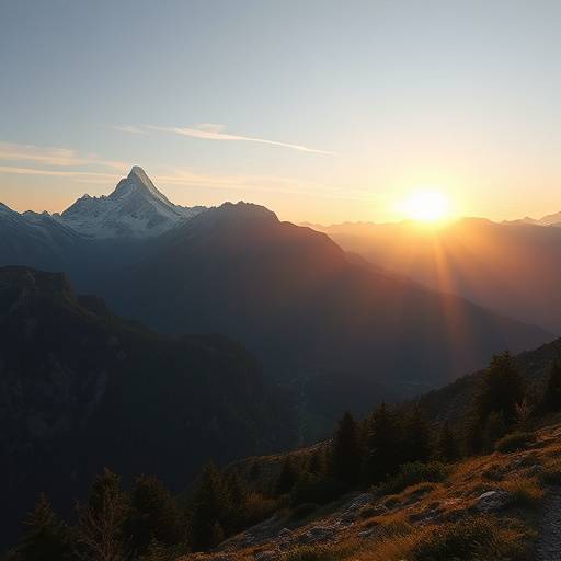 Fotografia de paisagem montanhosa ao amanhecer, parte da coleäão Luz do Sol